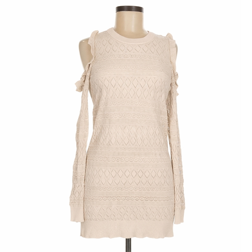 Lauren Conrad Pointelle Cold Shoulder Ruffle Knit Dainty Sweater Dress Feminine